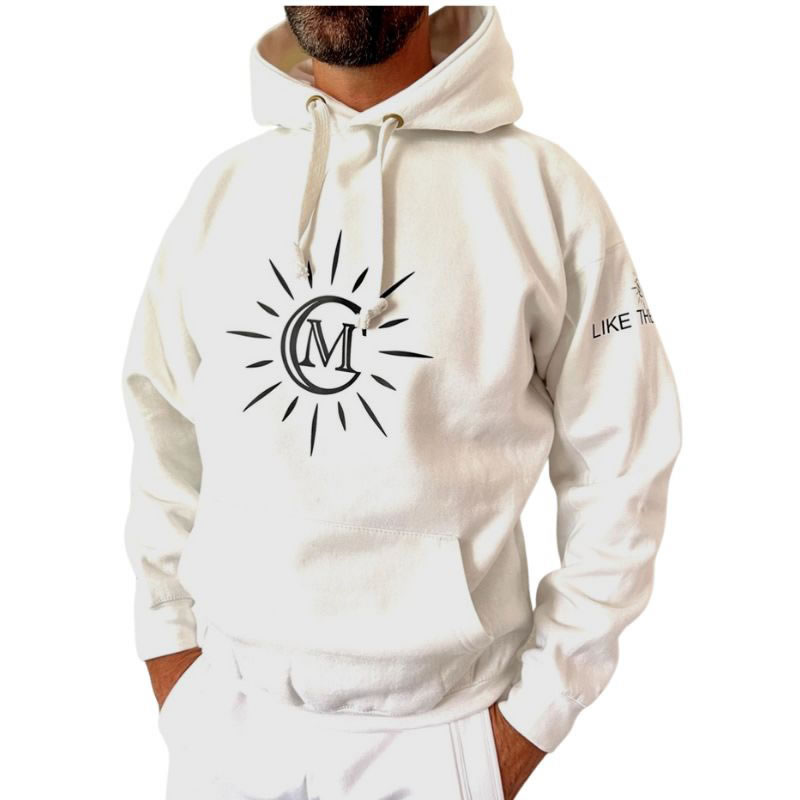 hooded white sweatshirt with like the sun logo - like the sun